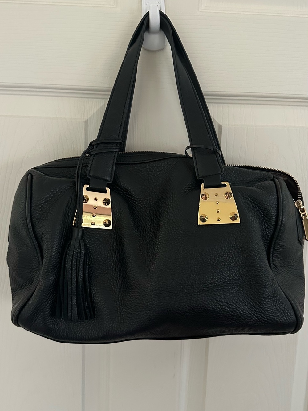 Vince Camuto Black Leather Satchel with Gold Accents